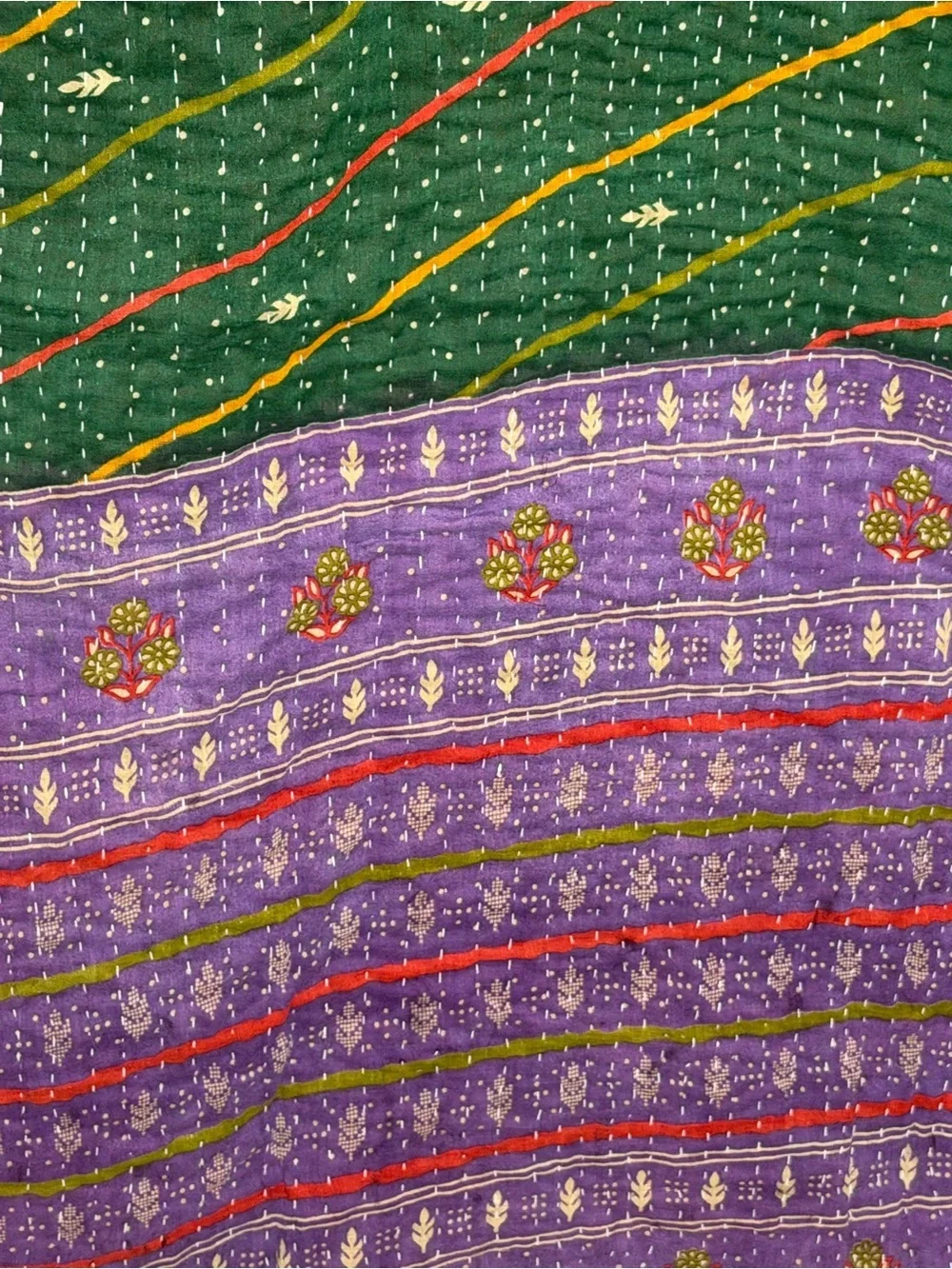 Vintage Handmade Printed Kantha Quilt India Sari Throw Blanket Twin 52x80